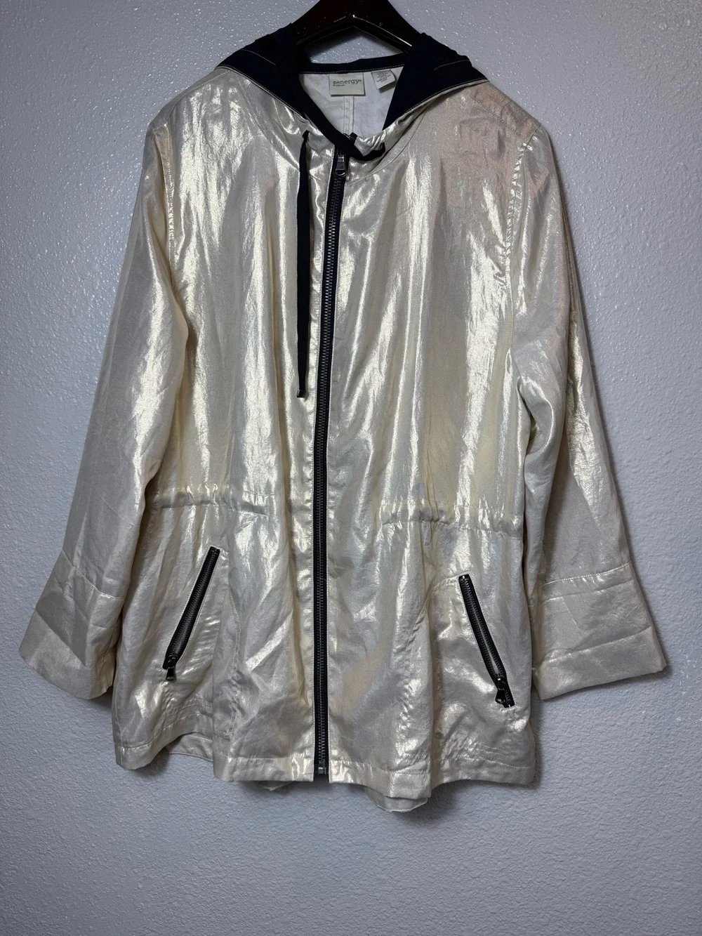 Chico’s Zenergy Metallic Hooded Anorak Utility Jacket Drawstring Waist Size 3/XL